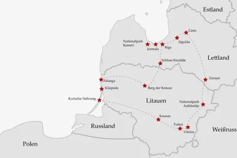 Reiseroute für einen Litauen Urlaub: Karte zeigt Vilnius, Kaunas, Trakai, Berg der Kreuze, Klaipeda, Palanga, Kurische Nehrung, Nationalpark Kemeri, Jurmala, Riga, Schloss Rundale, Cesis, Sigulda, Zarasai.