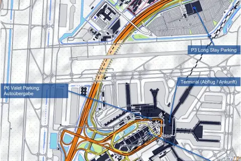 Karte von Schiphol Airport mit Parkplätzen und Terminal. Hier können Sie jemanden am Terminal (Abflug/Ankunft) abholen.