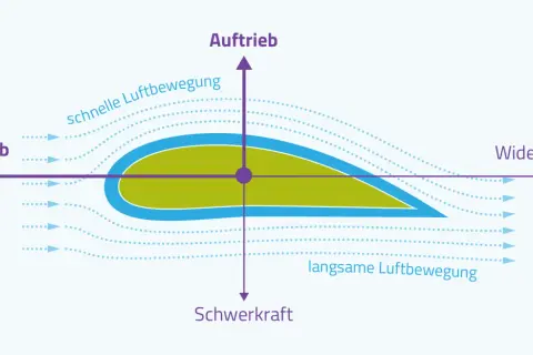 Diagramm erklärt, warum fliegt ein Flugzeug: Auftrieb durch schnelle Luftbewegung über dem Flügel, Vortrieb, Schwerkraft und Widerstand.