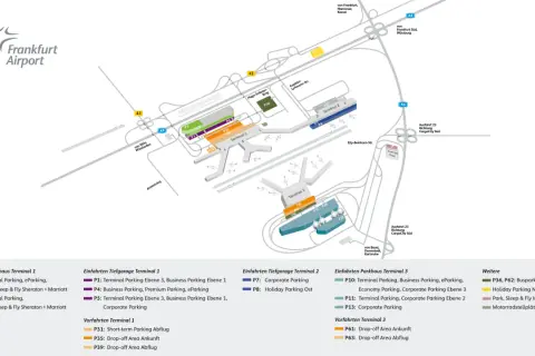 Frankfurt Flughafen Parken Kurzzeit: Übersicht der Parkmöglichkeiten an Terminal 1, 2 und 3, inklusive Kurzzeitparken und Drop-off Areas.