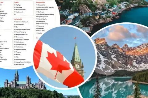Kanada-Packliste: Dokumente, Kleidung, Schuhe, Kulturbeutel, Reiseapotheke. Mit Blick auf die Rocky Mountains und das Parlamentsgebäude.