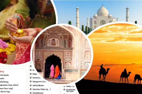 Indien Packliste: Taj Mahal, Kamelkarawane bei Sonnenuntergang, farbenfrohe Architektur & Lichter. Alles für deine Reise.
