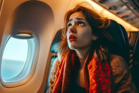 Verzweifelte Frau im Flugzeug, die nach oben blickt. Ihre panische Angst spiegelt die Erfahrungen einer Panikattacke im Flugzeug wider.