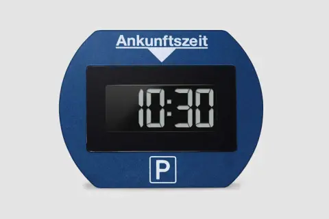 Digitale Parkscheibe mit Anzeige "Ankunftszeit" und "P"-Symbol. Diese Parkscheibe kostenlos nutzen, um die Parkzeit einzuhalten.