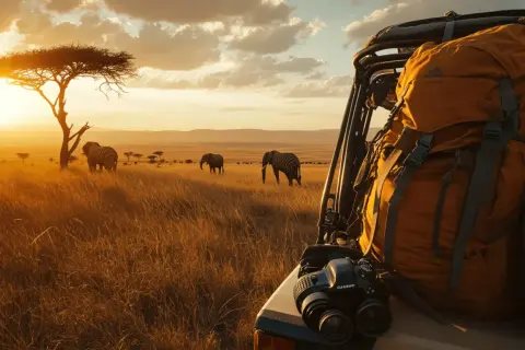Safari-Fahrzeug mit Rucksack und Kamera im goldenen Licht der afrikanischen Savanne mit Elefanten.