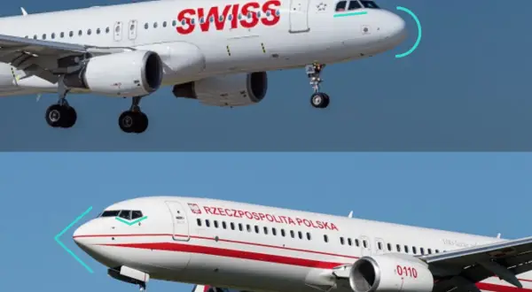 Zwei Flugzeuge, ein Airbus der Swiss und ein Boeing-Langstreckenflugzeug der polnischen Luftwaffe, fliegen nebeneinander.