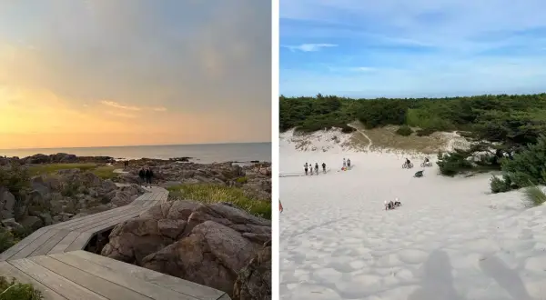 Ein malerischer Urlaub auf Bornholm: Holzstege führen über felsige Küsten und weite Sanddünen, ideal für Radtouren und Spaziergänge.