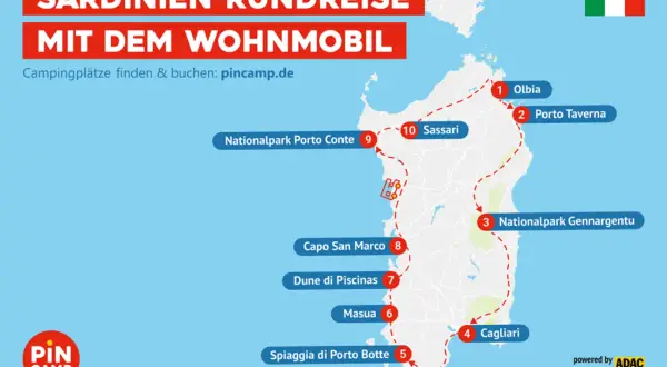 Karte einer Sardinien-Rundreise mit dem Wohnmobil, die wichtige Orte wie Olbia, Sassari und Cagliari markiert.