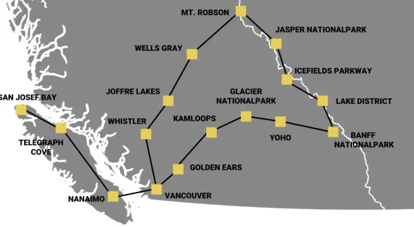 Karte von British Columbia mit Reiseroute: San Josef Bay, Whistler, Vancouver, Banff Nationalpark – ideal für einen Urlaub in Kanada.