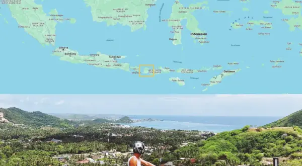Mann auf Roller genießt den Ausblick auf eine tropische Küste. Ein Urlaub in Indonesien, der unvergesslich bleibt.