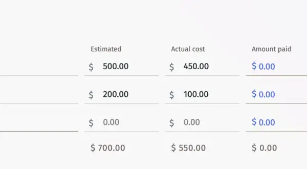 Kuchenkostenübersicht: Torten- und Anschnittgebühr 450 $, Puffs 100 $. Ein teurer Urlaub kann sich auch bei den Kosten für die Feierlichkeiten bemerkbar machen.