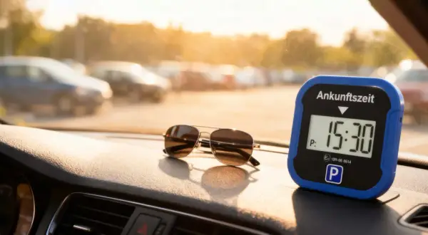 Sonnenbrille und elektronische Parkscheibe mit 15:30 Uhr auf dem Armaturenbrett. Mögliche Nachteile: Batteriewechsel, technische Defekte.