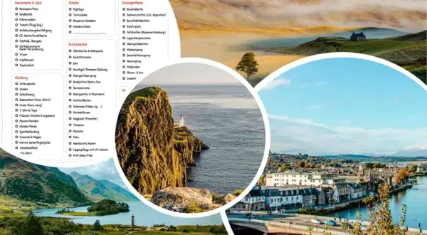 Packliste Schottland: Kleidung, Schuhe, Kulturbeutel, Reiseapotheke. Ideal für die Reise in die schottische Landschaft.
