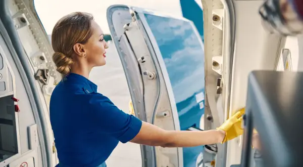 Eine Stewardess in blauer Uniform und gelben Handschuhen reinigt den Eingangsbereich eines Flugzeugs. Ihr Job erfordert Sorgfalt und Sauberkeit.