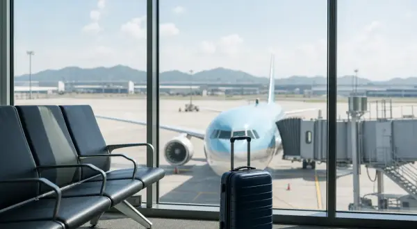 Wartebereich am japan flughafen mit einem blauen Koffer und Flugzeug vor dem Fenster.