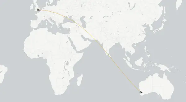 Flugroute von London nach Perth, Australien. Ein langer Direktflug über Kontinente und Ozeane.