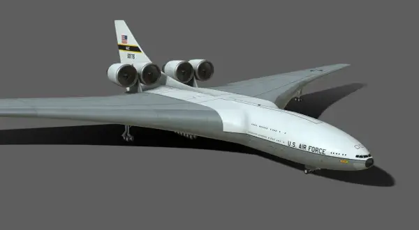 Ein futuristisches U.S. Air Force Flugzeug mit vier Triebwerken. Die Frage "wie lang ist ein flugzeug" wird hier durch die imposante Größe des Modells beantwortet.