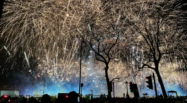 Silvester in London: Ein Meer aus goldenem Feuerwerk erhellt den Nachthimmel über einer jubelnden Menge, Bäume ragen silhouettenhaft empor.