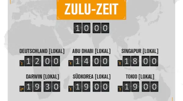 ZULU-ZEIT: Piloten und Reisende nutzen diese Zeitzone. Anzeige lokaler Zeiten in Deutschland, Abu Dhabi, Singapur, Darwin, Südkorea und Tokio.