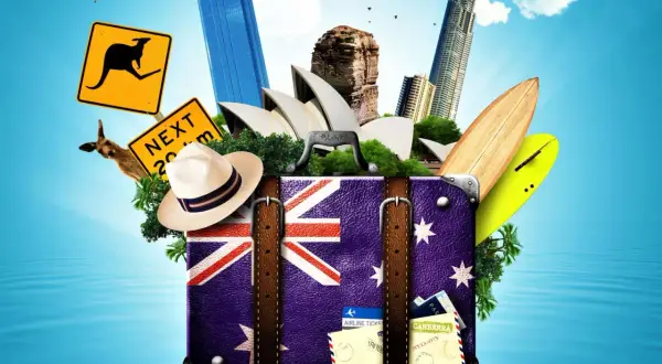 Koffer mit australischer Flagge, Sydney Opera House, Surfbrett, Känguru-Schild und mehr. Perfekt für deine Packliste Australien!