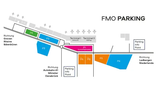 Plan für FMO PARKING: Parkplätze P1-P6, Kurzzeitparkplatz, Info Points. Ideal für fmo parken ohne reservierung.