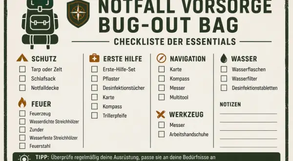 Checkliste für einen Bug-Out Bag: Schutz, Erste Hilfe, Navigation, Wasser, Feuer, Werkzeug. Perfekt für deine Packliste Camping!