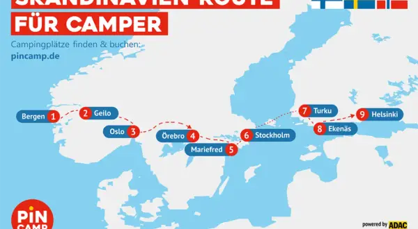 Karte zeigt eine SKANDINAVIEN-ROUTE für Camper, mit Stationen von Bergen über Stockholm bis Helsinki.