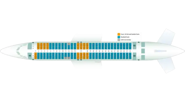 Sitzplan für tuifly: orange Sitze sind XL/Komfort, blau sind Standard. Kostenlose Sitzplatzreservierung ist hier möglich.