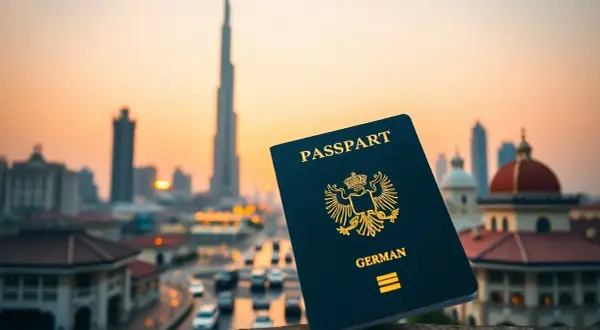 Deutscher Reisepass vor der Skyline Dubais bei Sonnenuntergang. Perfekt für einen Dubai Zwischenstopp Visum.