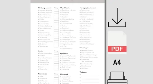 Reise-Packliste zum Ausdrucken: Kleidung, Schuhe, Accessoires, Waschtasche, Handgepäck, Apotheke, Elektronik, Unterlagen & mehr.