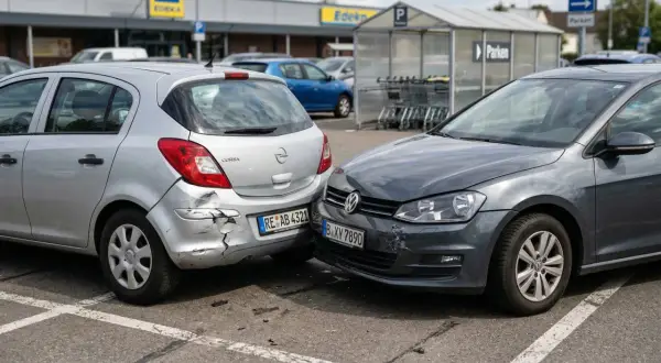 Zwei Autos sind an einem Unfall auf einem Parkplatz beteiligt. Der silberne Opel hat einen stark beschädigten Stoßfänger, der graue VW hat vorne eine Delle.