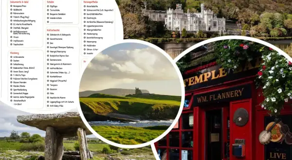 Packliste Irland: Dokumente, Kleidung, Schuhe, Kulturbeutel, Reiseapotheke. Dazu Bilder von Schlössern, grünen Hügeln und einem Pub.