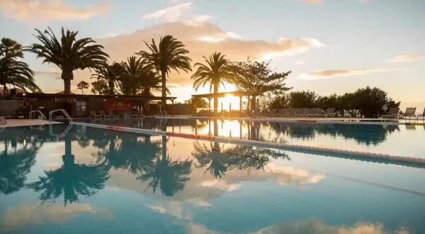 Sonnenuntergang am Robinson Esquinzo Playa. Palmen spiegeln sich im Pool.