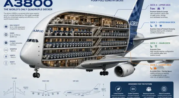 Der Airbus A3800 als Privatjet-Konzept mit vier Decks, Luxussuiten und Platz für 1.200 Passagiere.