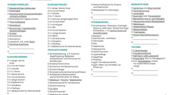 Packliste Strandurlaub: Checkliste für Kleidung, Hygieneartikel, Technik und mehr. Ideal für deine Reiseplanung.