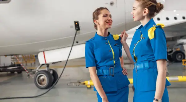 Zwei Flugbegleiterinnen in blauen Uniformen mit gelben Akzenten stehen vor einem Flugzeug und unterhalten sich.