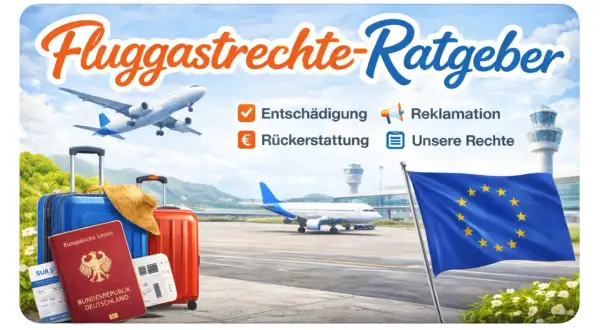 Flug verpasst? Was tun? Der Ratgeber zeigt: Entschädigung, Rückerstattung, Reklamation und unsere Rechte. Mit Koffer, Pass und EU-Flagge am Flughafen.