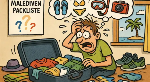 Verzweifelter Mann packt für die Malediven. Seine Packliste ist voller Fragezeichen. Badehose, Flip-Flops und Schnorchelset sind im Traum zu sehen.