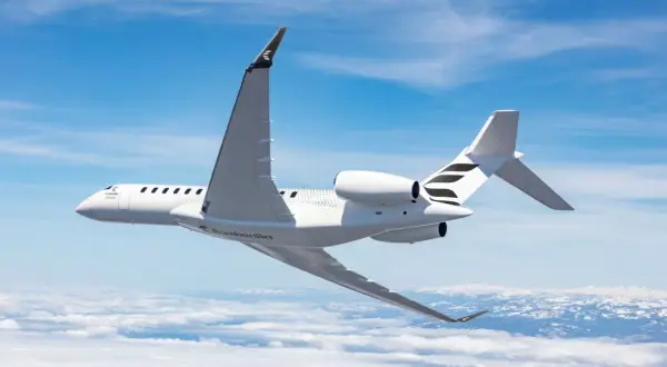 Ein Bombardier Global 8000 Jet fliegt hoch über den Wolken. Die Frage "wie viel fliegt ein Flugzeug" wird hier durch die majestätische Ansicht beantwortet.
