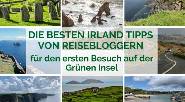 Collage mit Irland-Impressionen: Steinkreise, Küsten, Regenbogen, grüne Hügel. Perfekt für deinen ersten Irland Urlaub!