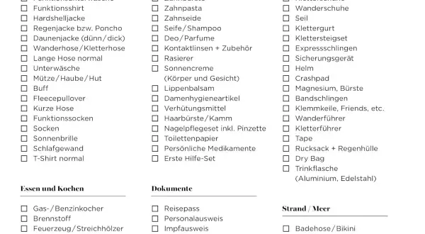 Packliste für das Mobilheim: Kleidung, Hygieneartikel, Ausrüstung, Essen, Dokumente und Strandutensilien. Alles für den perfekten Urlaub.
