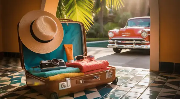 Packliste Kuba: Koffer mit Hut, Kamera, Sonnencreme, Sonnenbrille und Kleidung. Ein Oldtimer steht bereit.
