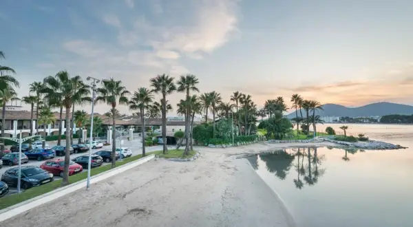 Strand mit Palmen und dem Hotel Alcudiamar im Hintergrund, ruhiges Wasser spiegelt den Himmel.