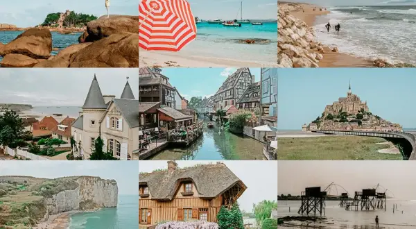 Ein bunter Collage-Überblick über einen Urlaub in Frankreich: Küsten, charmante Dörfer, Mont Saint-Michel und malerische Landschaften.