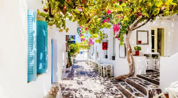 Idyllische Gasse auf Paros, Griechenland, mit blühenden Bougainvillea, weiß getünchten Häusern und Tischen eines Cafés.