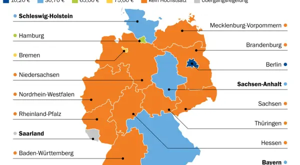 Karte zeigt, was kostet falschparken auf Anwohnerparkplatz: Gebühren für Bewohnerparkausweise in Euro, je nach Bundesland.