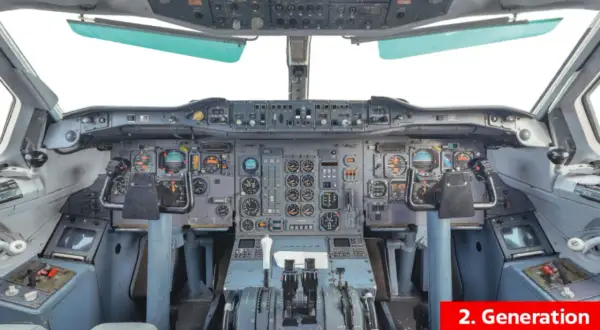 Das Cockpit eines Flugzeugs der 2. Generation, gefüllt mit zahlreichen Anzeigen und Hebeln, die für die Steuerung unerlässlich sind.