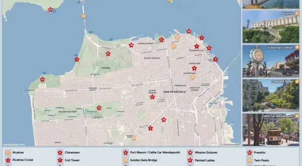 Karte von San Francisco mit Sehenswürdigkeiten und Routen. Hier finden Sie Tipps zum Parken in San Francisco.