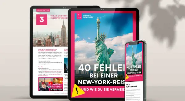 Digitale Geräte zeigen Tipps für einen USA Urlaub in New York. Die Freiheitsstatue und das Empire State Building sind zu sehen.