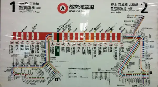 U-Bahn-Linienplan von Tokio, der die Keikyu Line und die Narita Airport Line zeigt.
